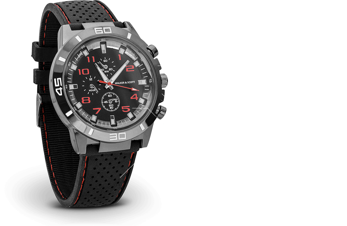 Sportovní hodinky Walker & Scott Sporty, které mají moderní a funkční desing, kvalitní japonský mechanismus, červené detaily u čísel řemínku a pohodlný odolný pásek