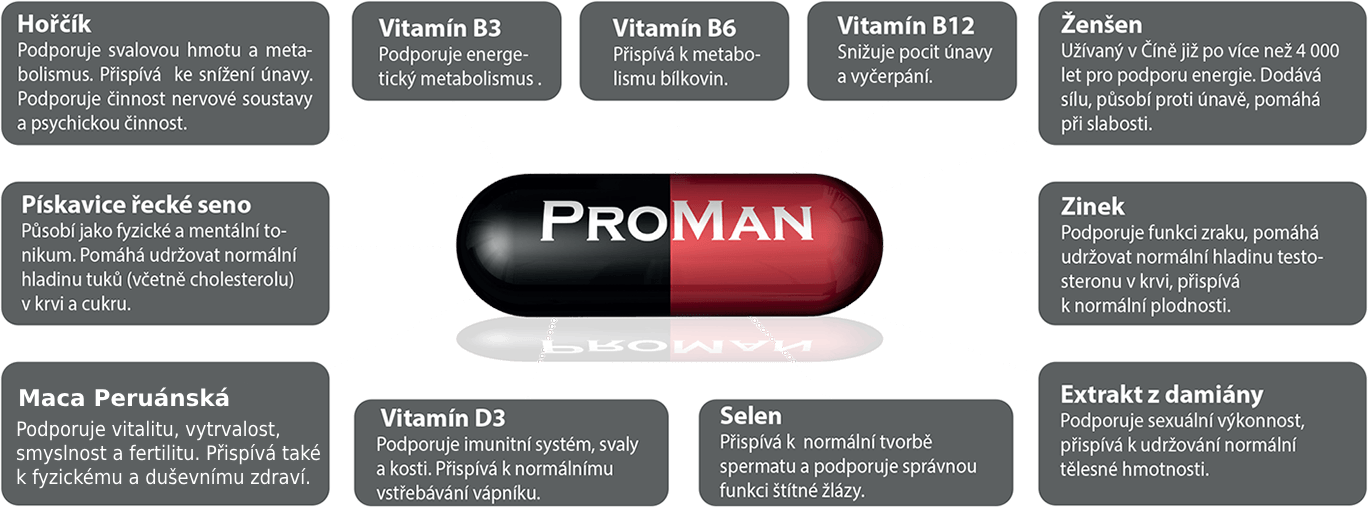 PromanPLUS obsahuje: hořčík, vitamín B3, vitamín B6, vitamín B12, ženšen, zinek, extrakt z damiány, selen, vitamín D3, maca peruánská, pískavce řecké seno