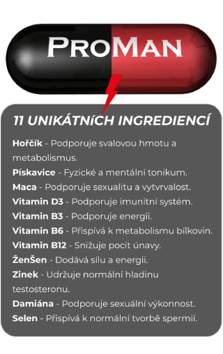 PromanPLUS obsahuje: hořčík, vitamín B3, vitamín B6, vitamín B12, ženšen, zinek, extrakt z damiány, selen, vitamín D3, maca peruánská, pískavce řecké seno